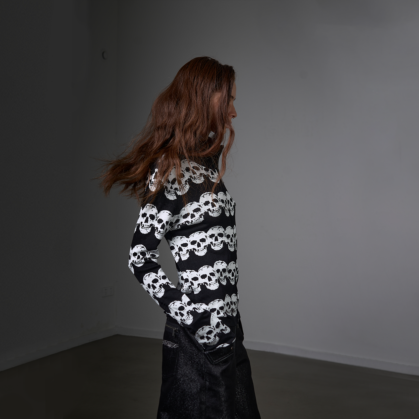noEmosen Black White Skull Jacquard Wool Cardigan Jacket