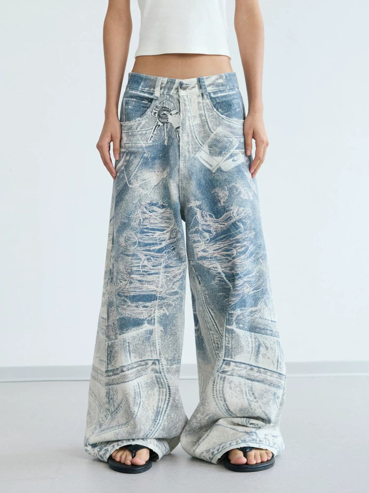PEOPLESTYLE 3D Printed Jeans Keychain Baggy Wide Leg Pants