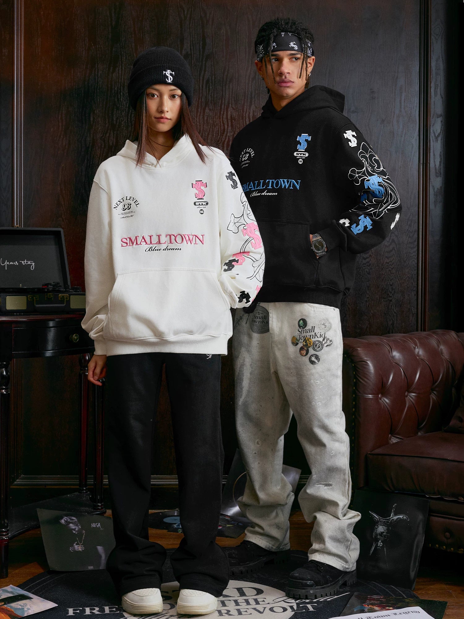 STK SmallTownKid Cross Patch Leather Hooded Sweatshirt