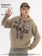 ANAMONE Retro College Pattern Tie Hooded Sweater