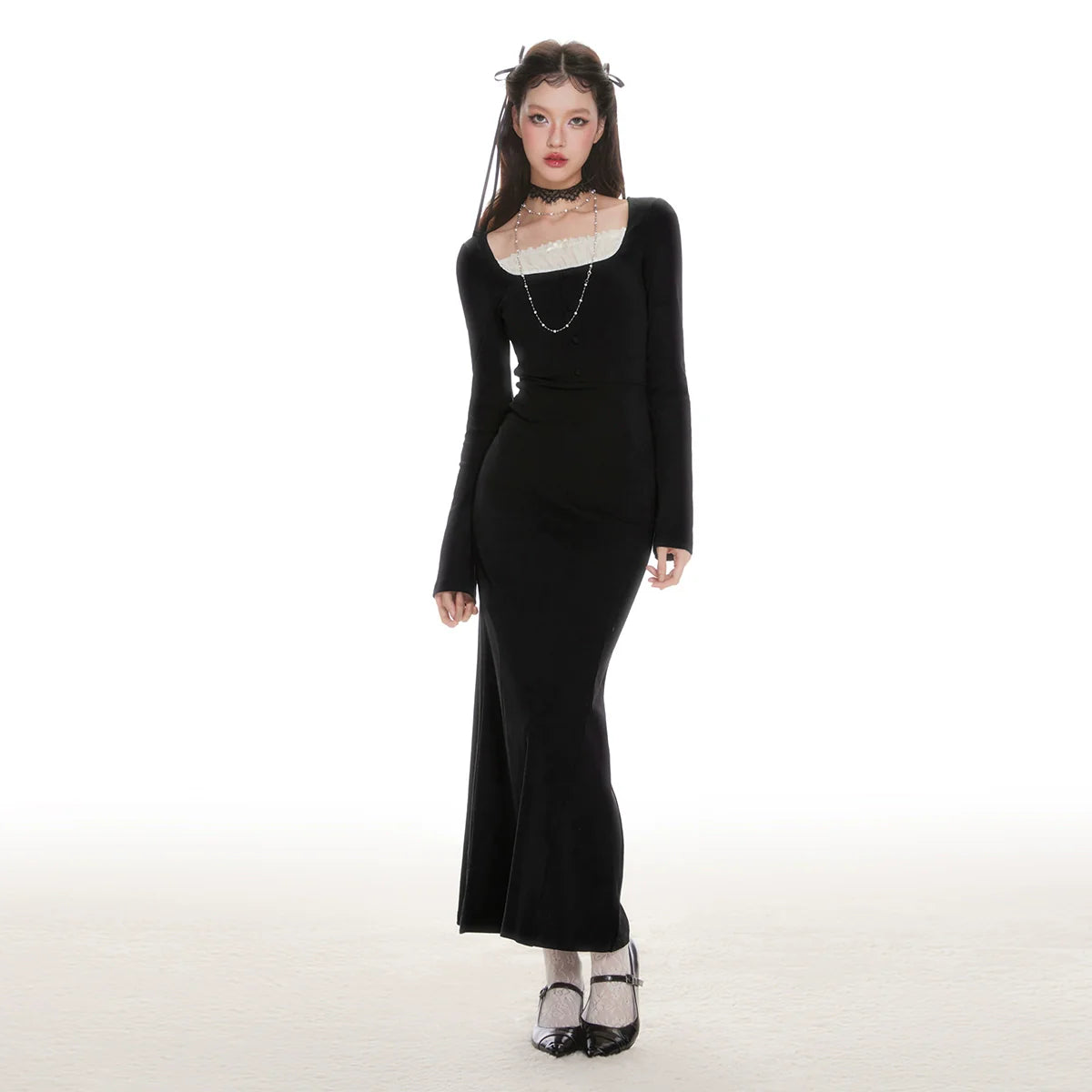 IMONE Vintage Lace Square Neck Knitted Dress