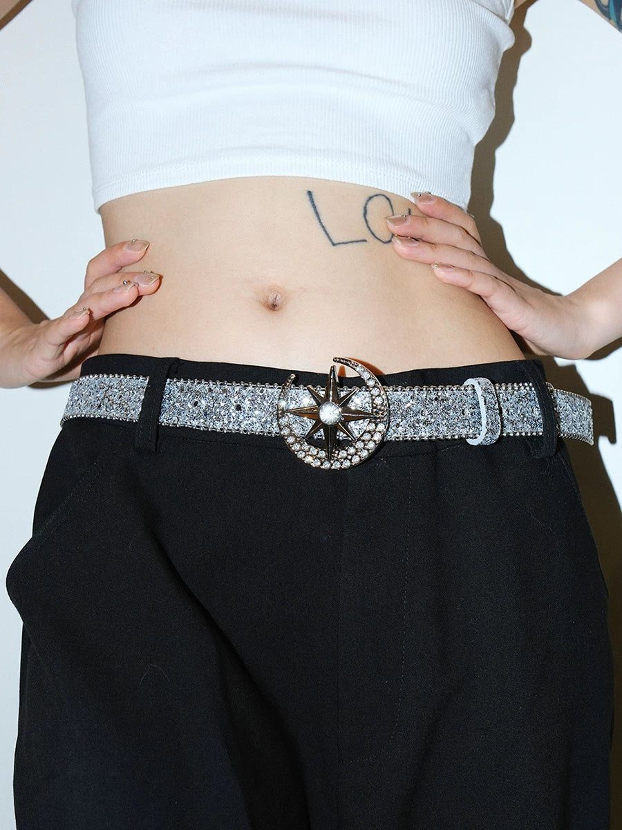Darkblue Store Moon Rhinestone Star Buckle Beaded Belt