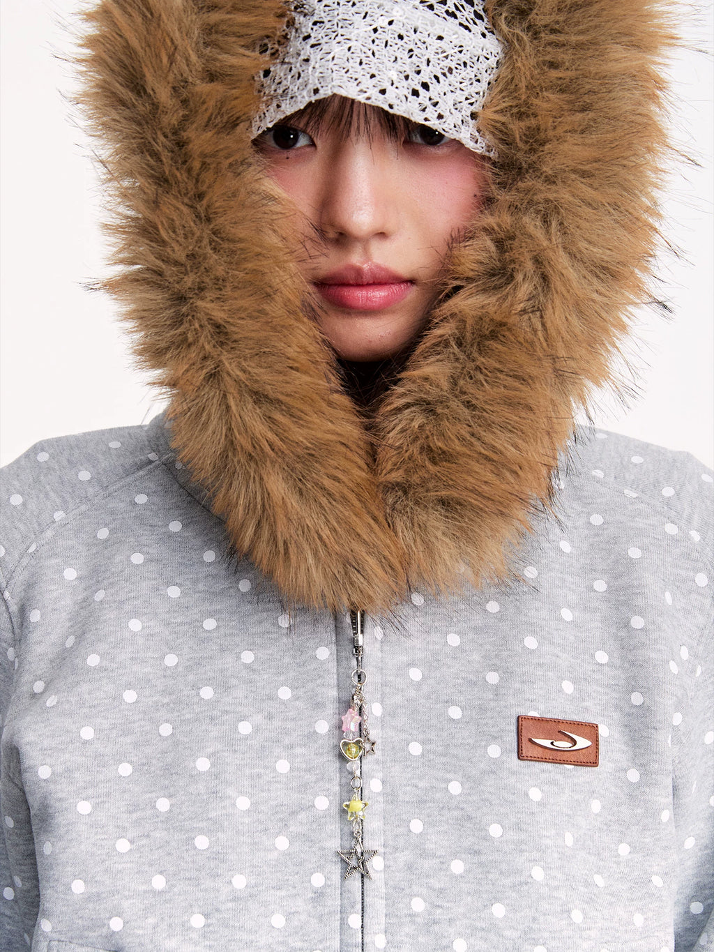 Mr. Jiangnan NewJNXS Polka Dot Detachable Fur Collar Cropped Cardigan Sweatshirt Set