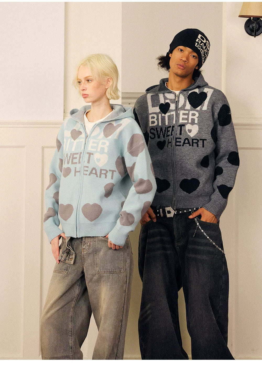 DONSMOKE Love Print Soft Waxy Lazy Contrasting Color Knitted Zipper Jacket