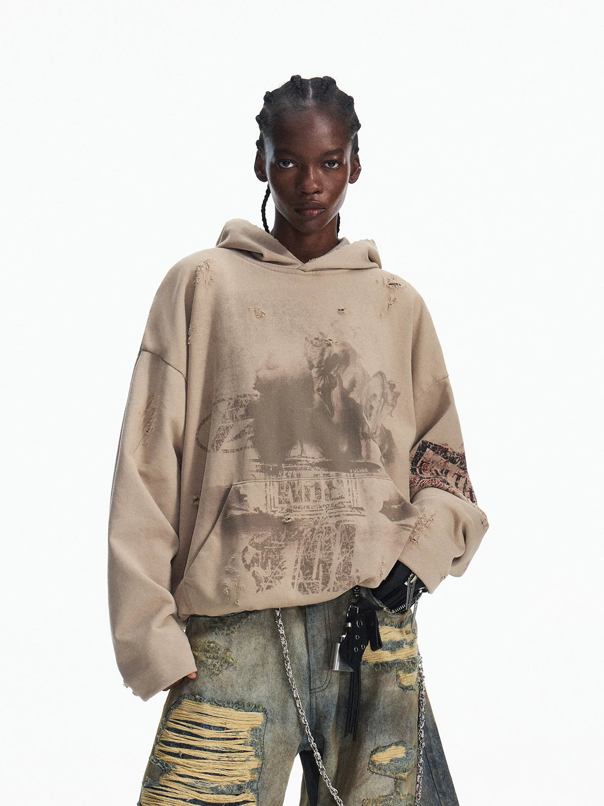 PEOPLESENSE Double Layer Fire Horse Print Distressed Hooded Sweatshirt