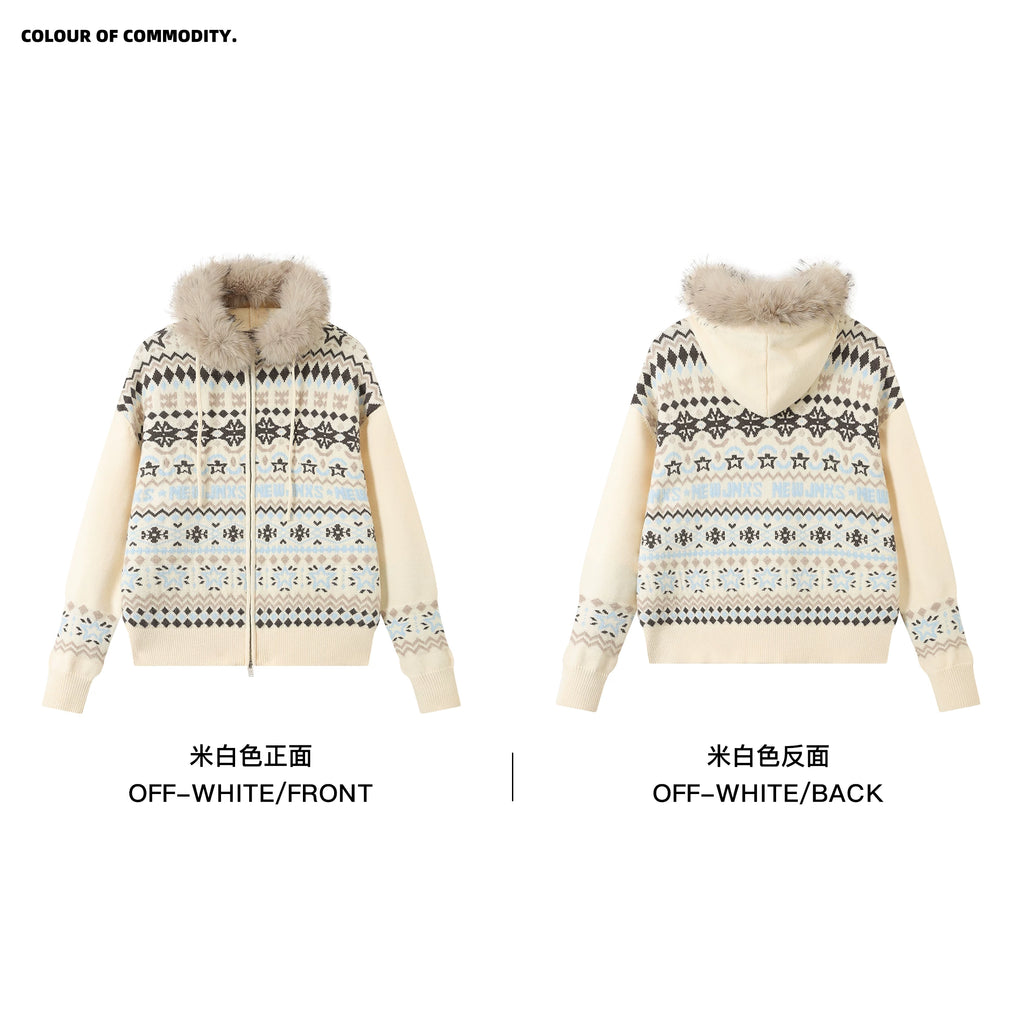 Mr. Jiangnan & andall Fair Isle Detachable Fur Collar Knit Cardigan