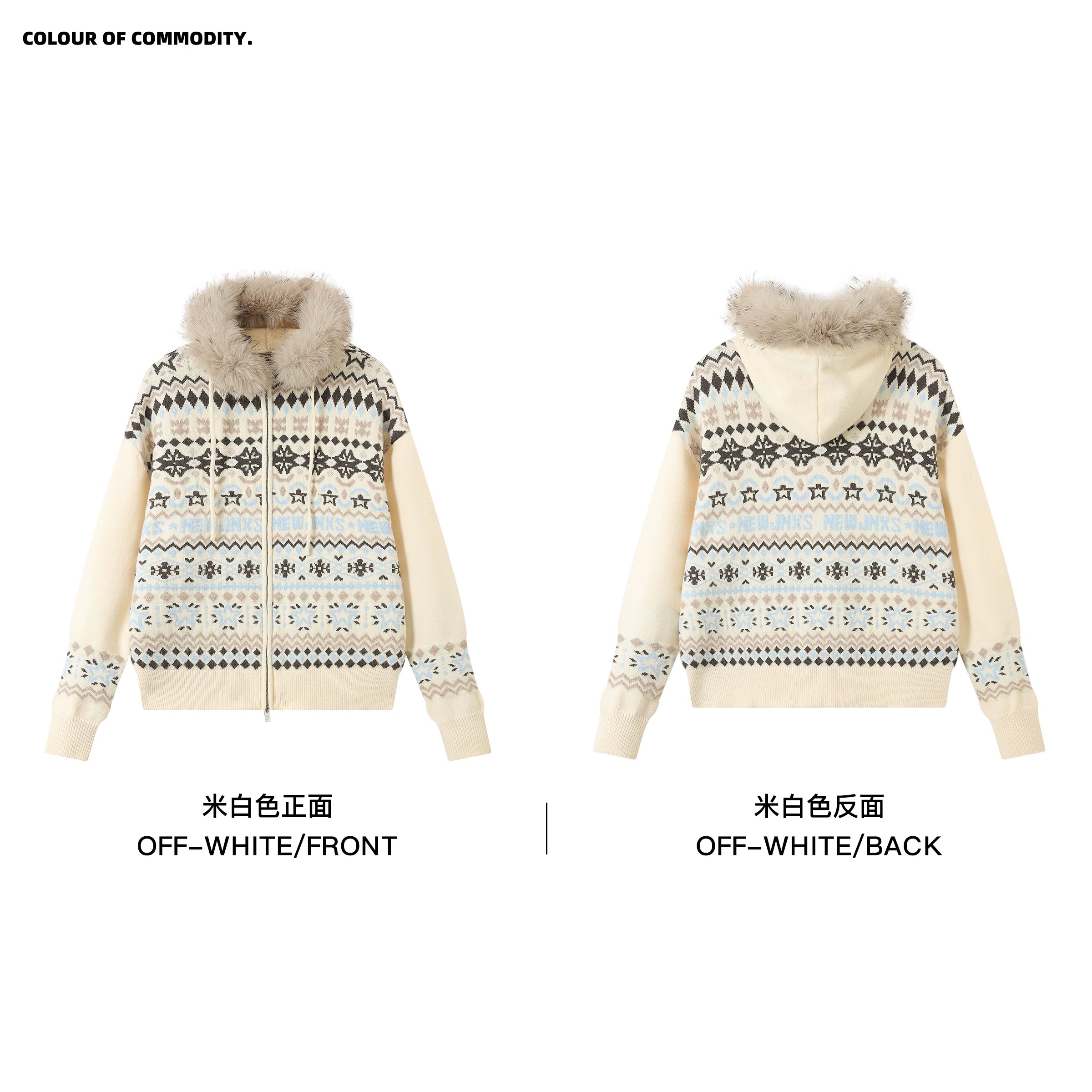Mr. Jiangnan & andall Fair Isle Detachable Fur Collar Knit Cardigan