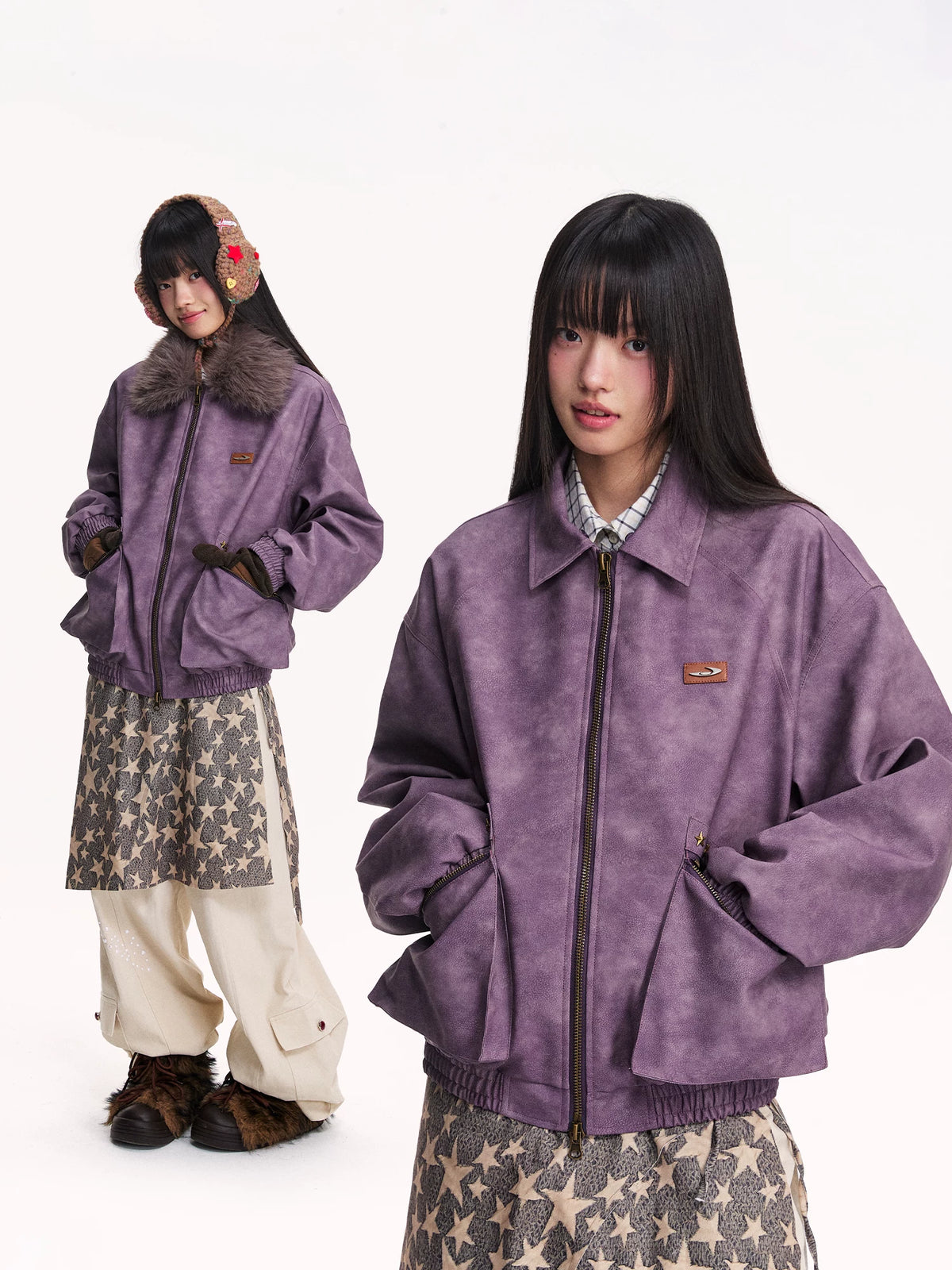 Mr. Jiangnan NewJNXS Retro PU Leather Jacket with Detachable Fur Collar