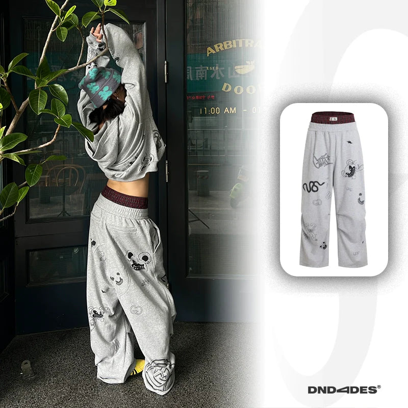 DND4DES Graffiti Print Double Waist Splicing Gray Sweatpants