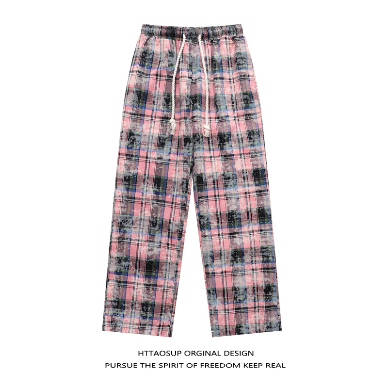 HTTAOSUP Retro Plaid Wide-Leg Pants