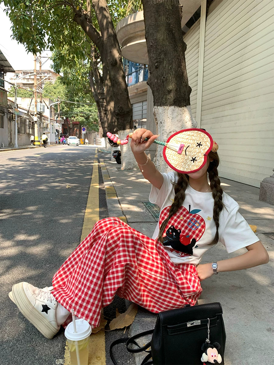 CCKOK Red Plaid Wide Leg Pants