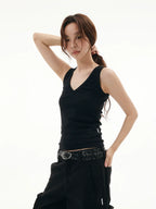 FUNKYFUN V-neck Embroidered Waist Sleeveless Vest of The Same Color