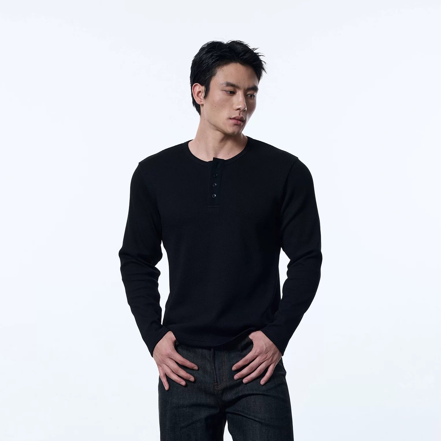 ONEFIT MAX Pure Cotton Henry Collar Waffle Long Sleeve Top