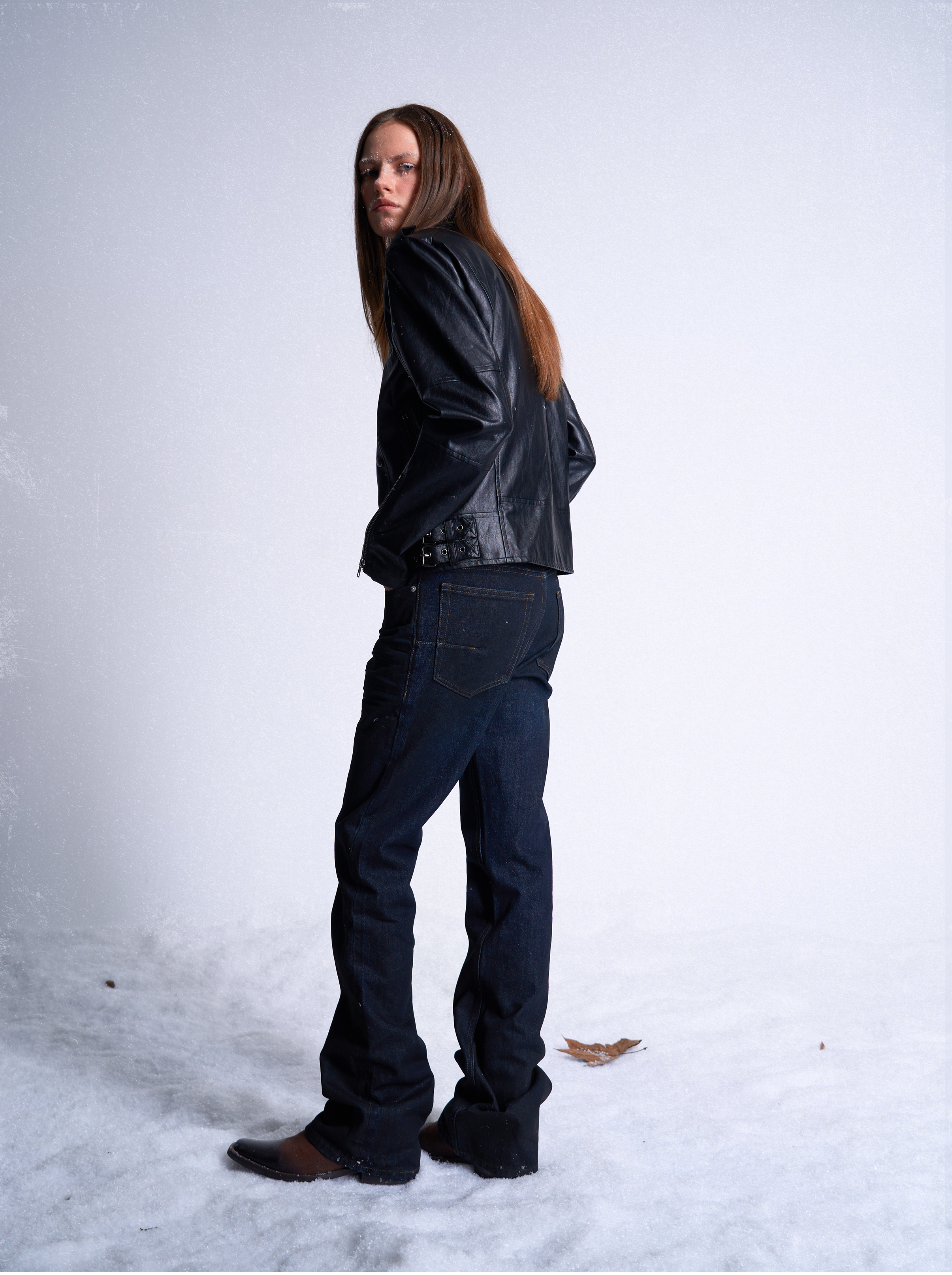 noEmosen Waxed Gradient Pleated Micro-Flared Jeans