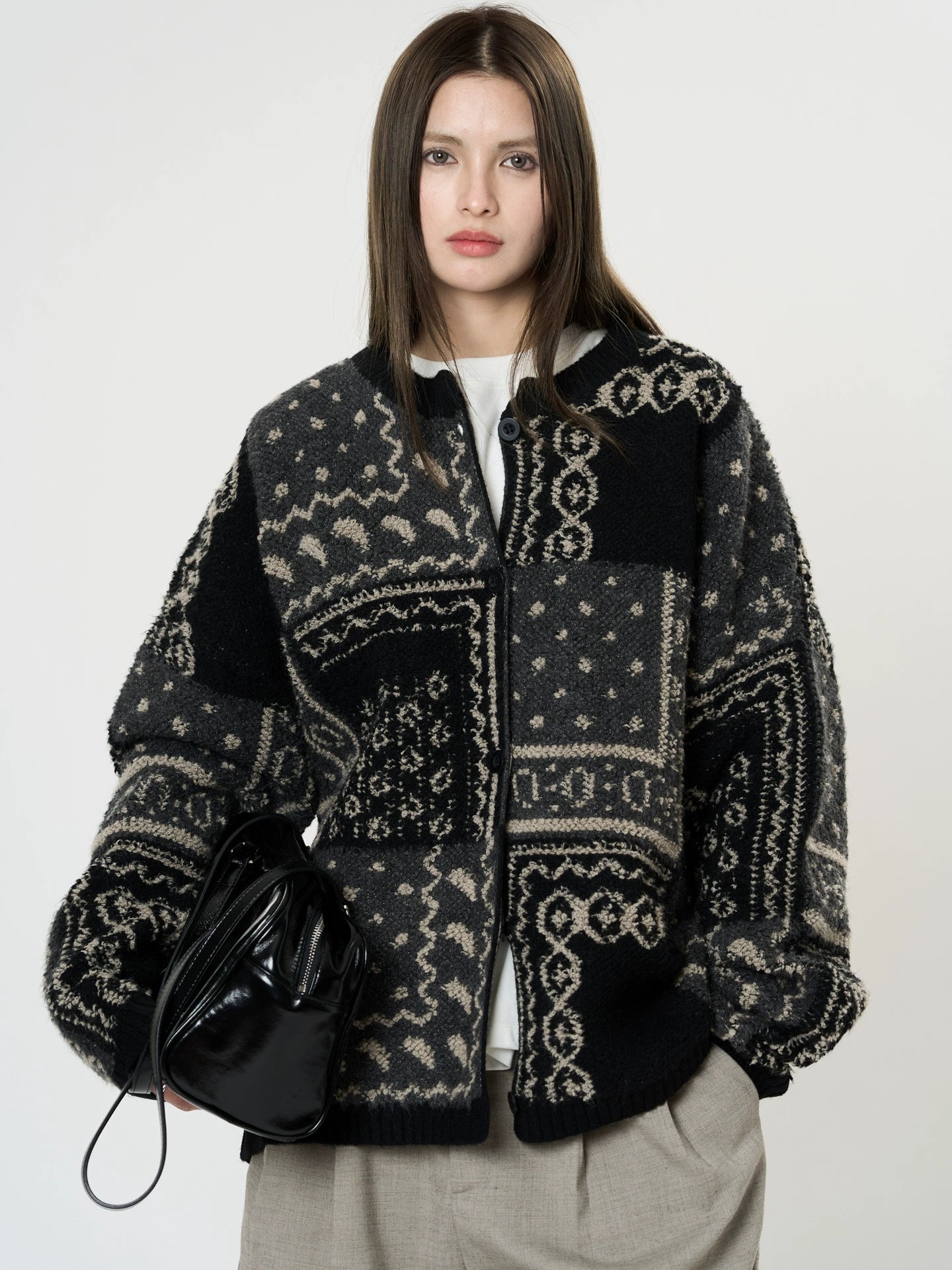 Louvre Winter New Korean Retro Thick Jacquard Wool Knit Cardigan