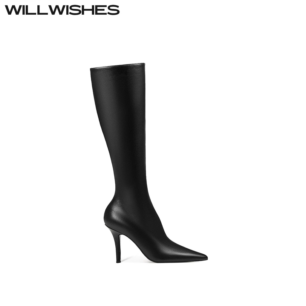WILLWISHES Wang Ding Pointed Toe Stiletto Slim Knight Boots