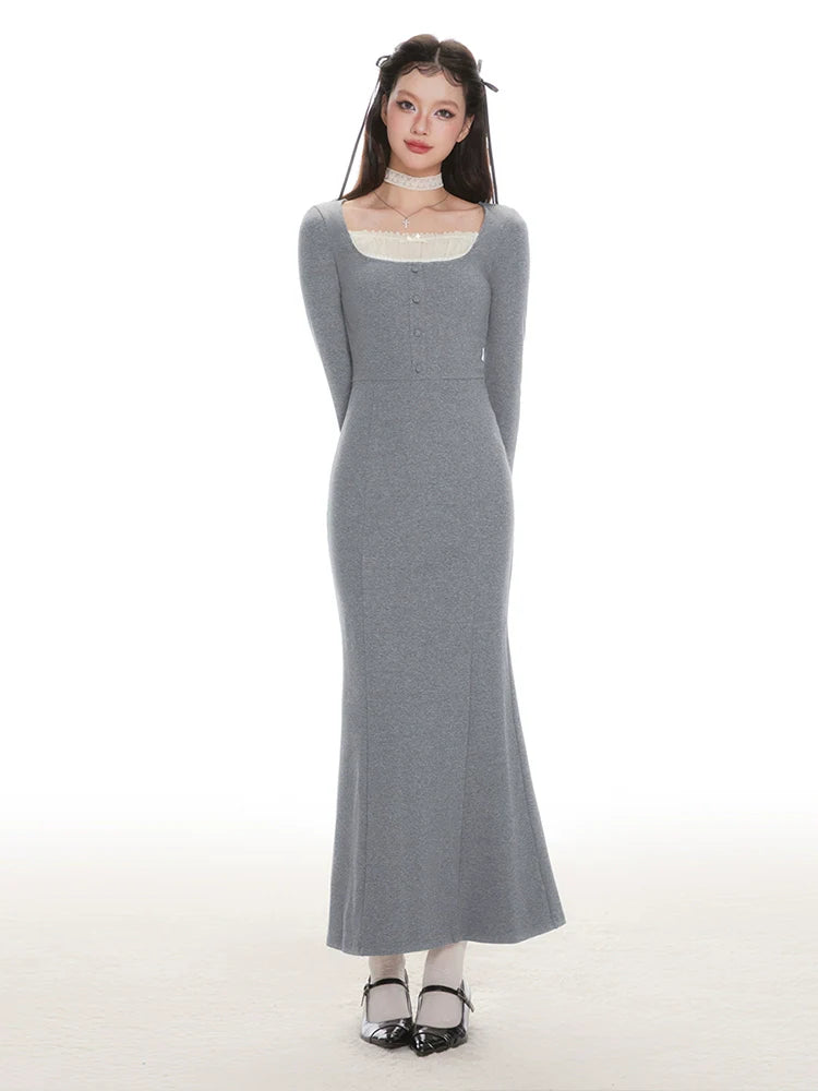 IMONE Vintage Lace Square Neck Knitted Dress