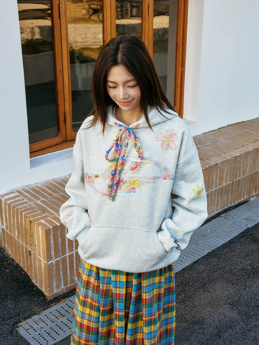 Harshandcruel Cute Furry Drawstring Crayon Flower Korean Couple Hooded Sweatshirt