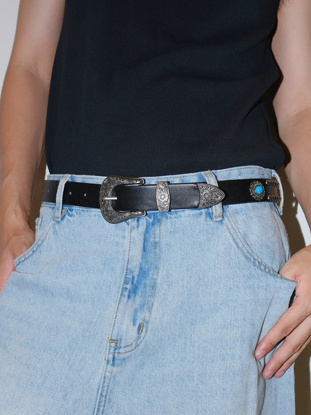 Darkblue Store Ethnic Carved Turquoise Rivet Belt