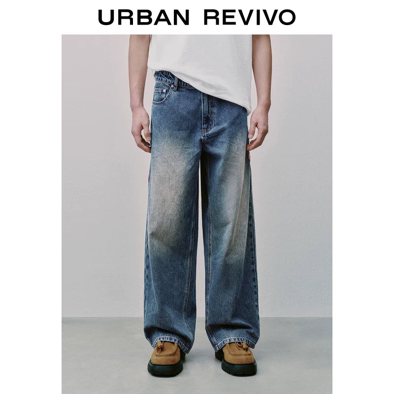 Urban Revivo Men's Contrast Embroidered Wide Leg Jeans