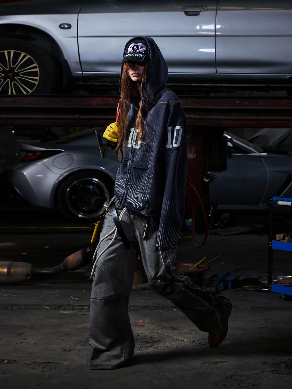 PEOPLESENSE Spray Digital Print Distressed Hooded Zipper Cardigan