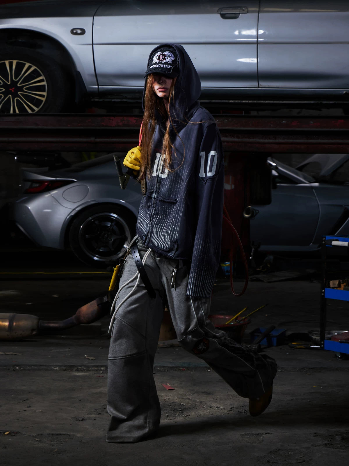 PEOPLESENSE Spray Digital Print Distressed Hooded Zipper Cardigan