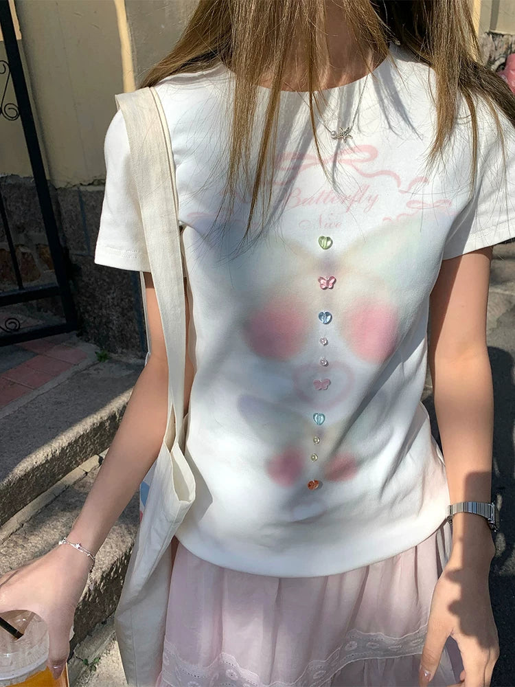 CCKOK Dream Butterfly Print Slim Shoulder T Shirt