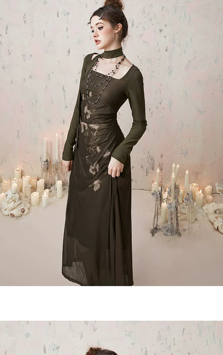 Imone Butterfly Print Pleated Mesh Dress