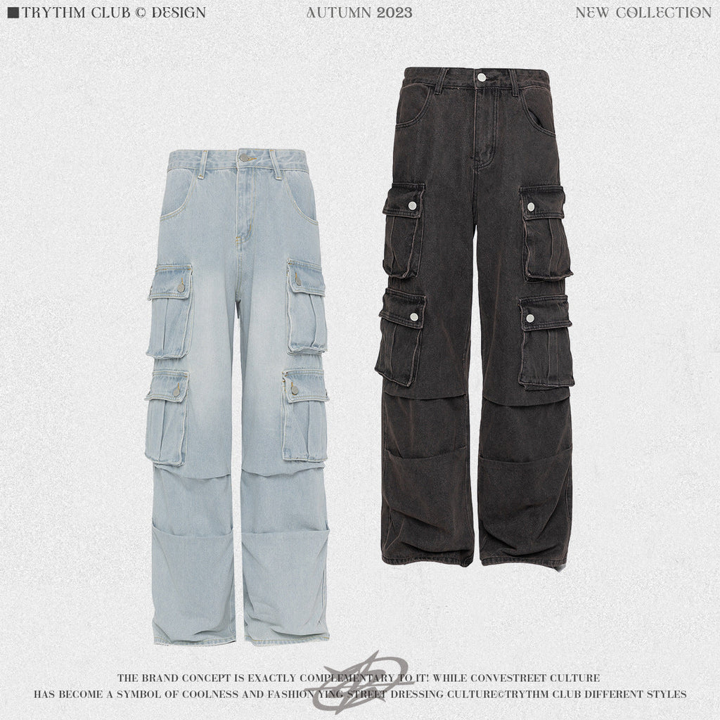 TRYTHMCLUB Vintage Wide Leg Straight Loose Multi-Pocket Jeans