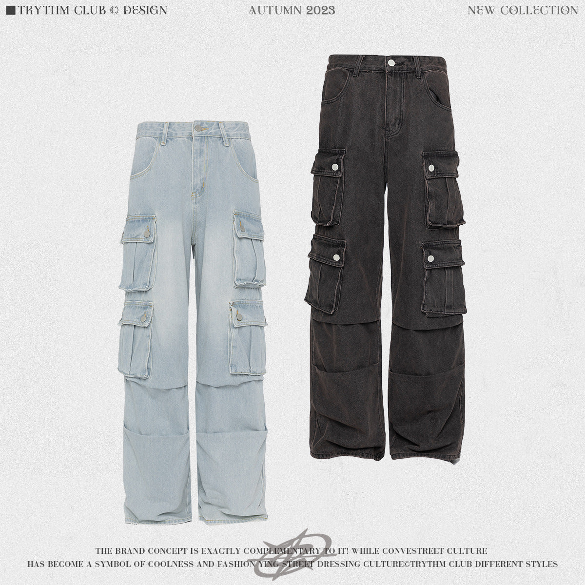 TRYTHMCLUB Vintage Wide Leg Straight Loose Multi-Pocket Jeans