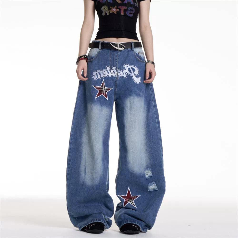 American Retro Washed Star Embroidered Scimitar Jeans