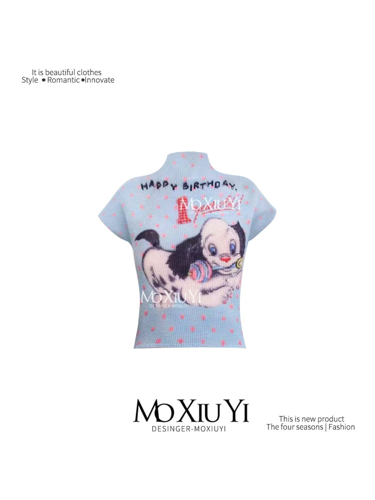 MoXiuYi Spot Blue Pink Dalmatian Pleated Half Turtleneck T-shirt