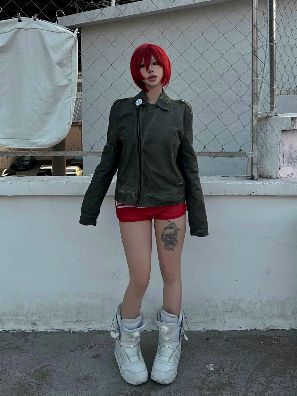 noEmosen Tie Gray Green Dyed Motorcycle Collar Jacket