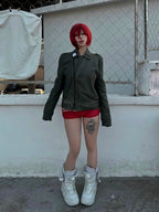 noEmosen Tie Gray Green Dyed Motorcycle Collar Jacket