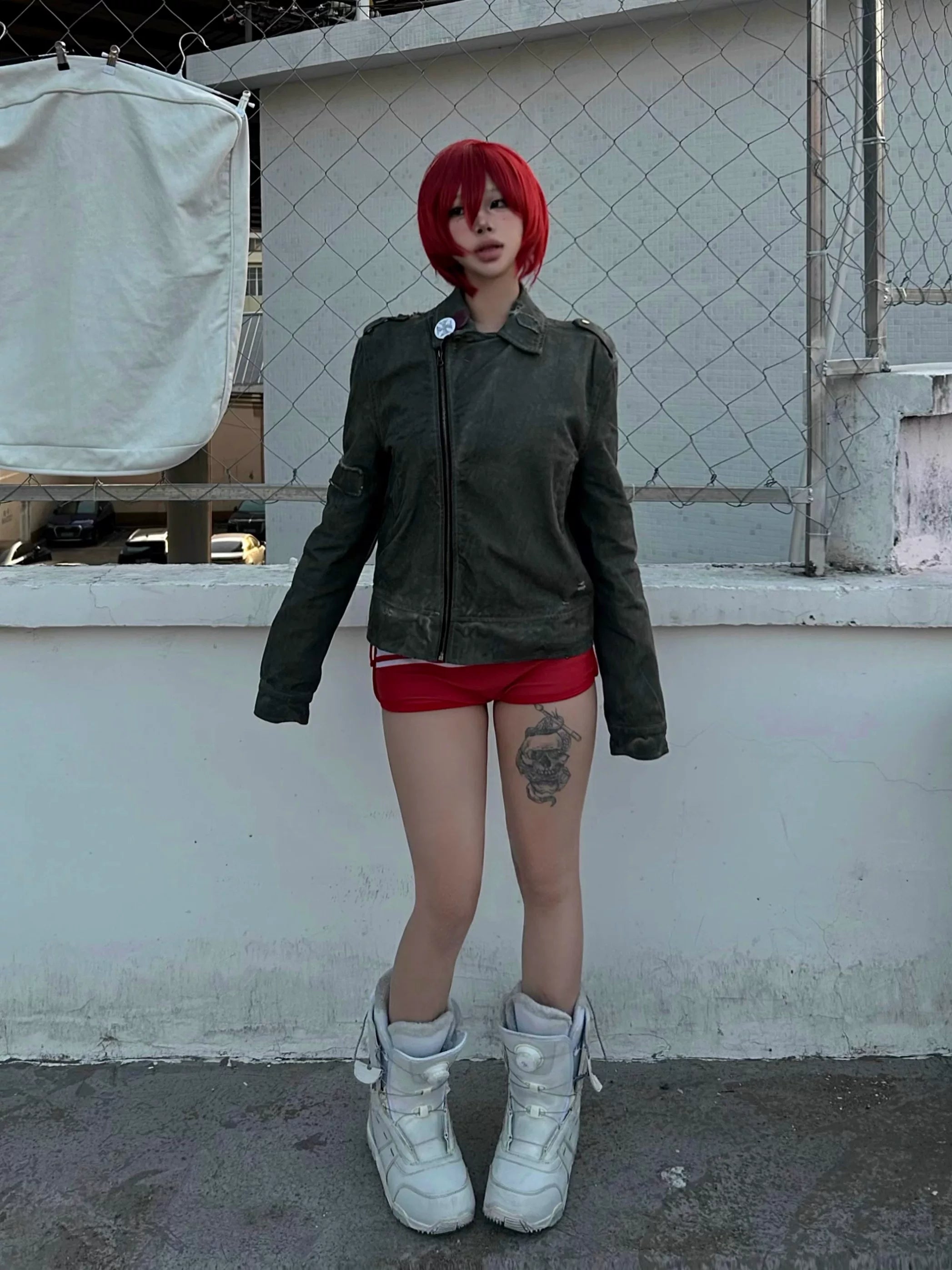 noEmosen Tie Gray Green Dyed Motorcycle Collar Jacket