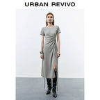 URBAN REVIVO Pleated Slit Slim Short Sleeve Dress