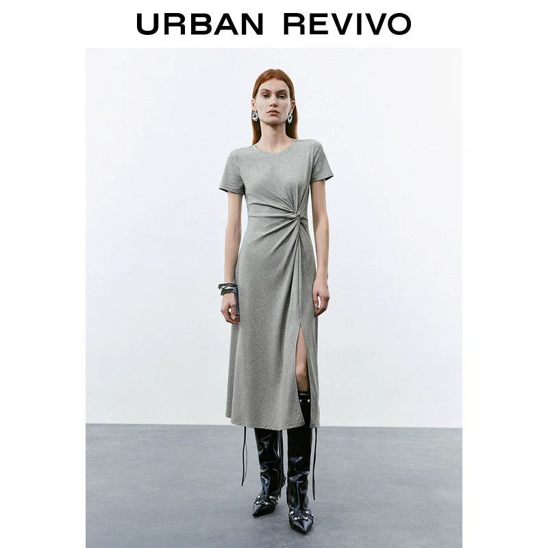 URBAN REVIVO Pleated Slit Slim Short Sleeve Dress