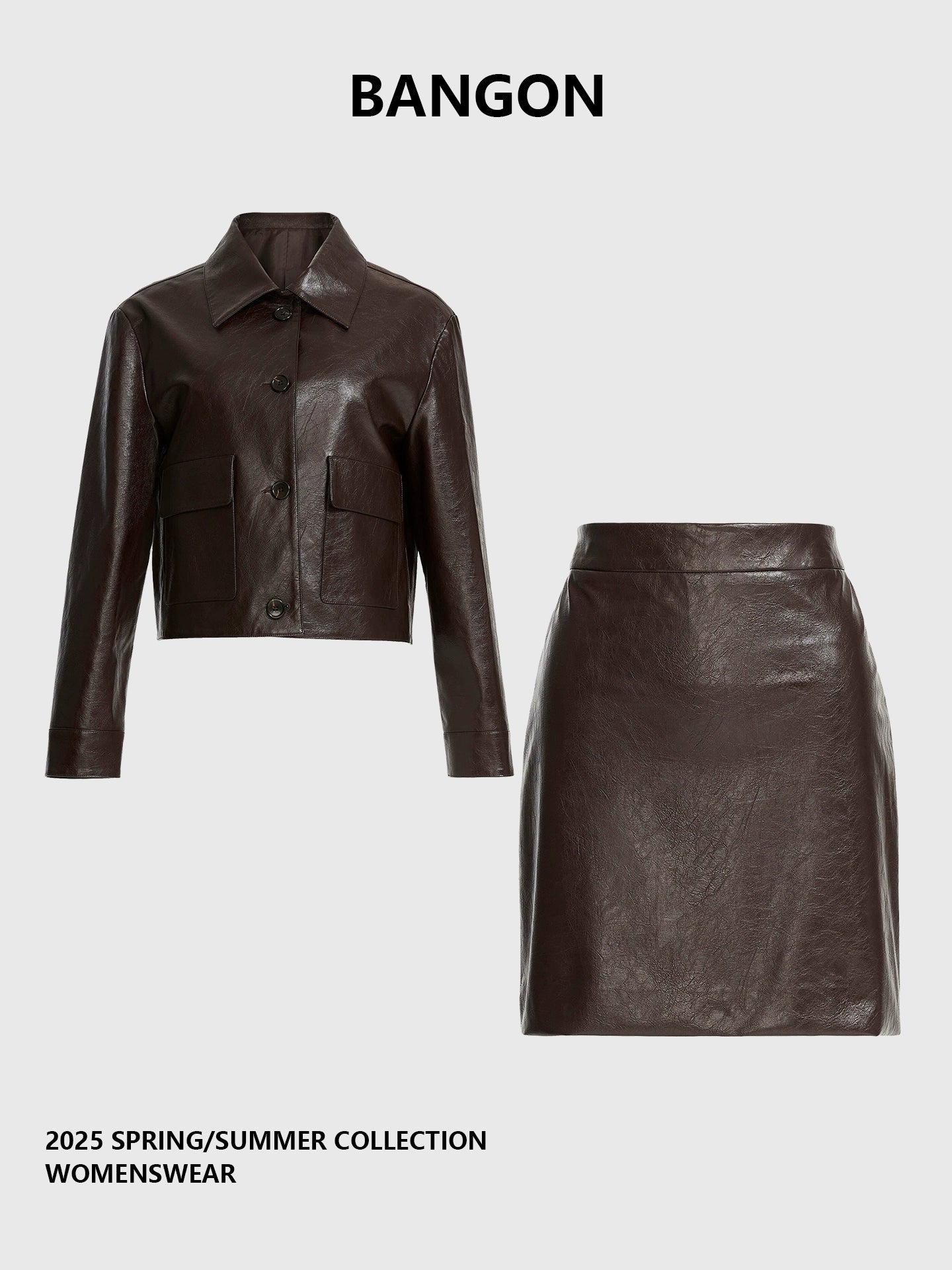 BANGON Retro PU Leather High-Waist Two-Piece Suit Skirt