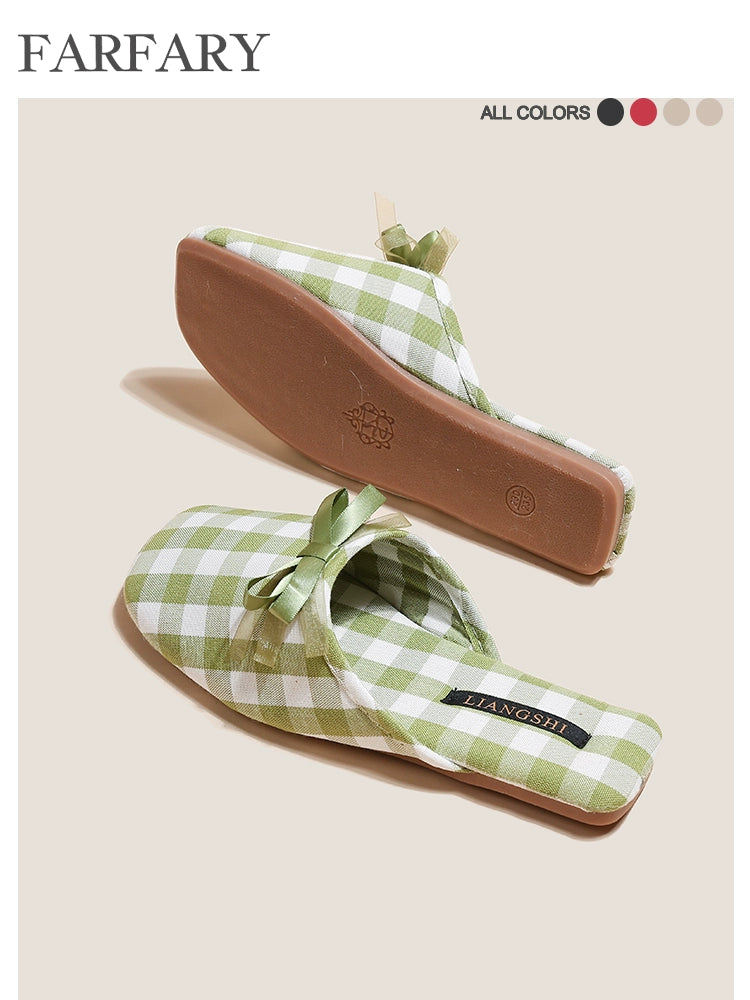 Farfary Houndstooth Bow Half Slippers