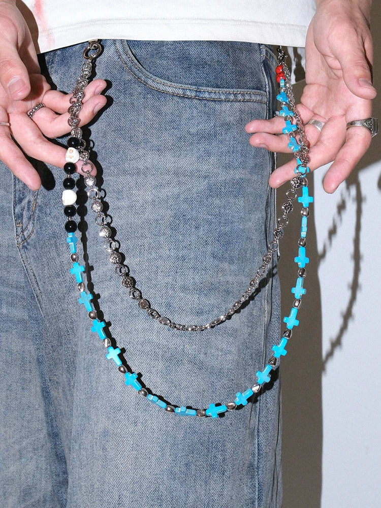 Darkblue Store Retro Blue Cross Skull Punk Trouser Chain