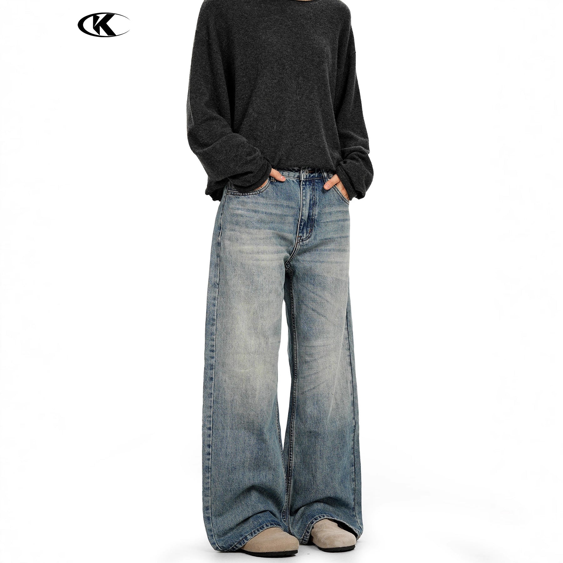 11KN Retro White Casual Loose Wide-leg Floor-mopping Trousers