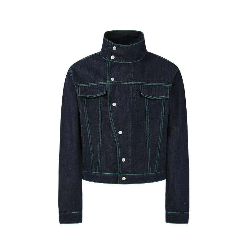 KREATE Contrasting Bright Line Diagonal Placket Stand-up Collar Denim Jacket