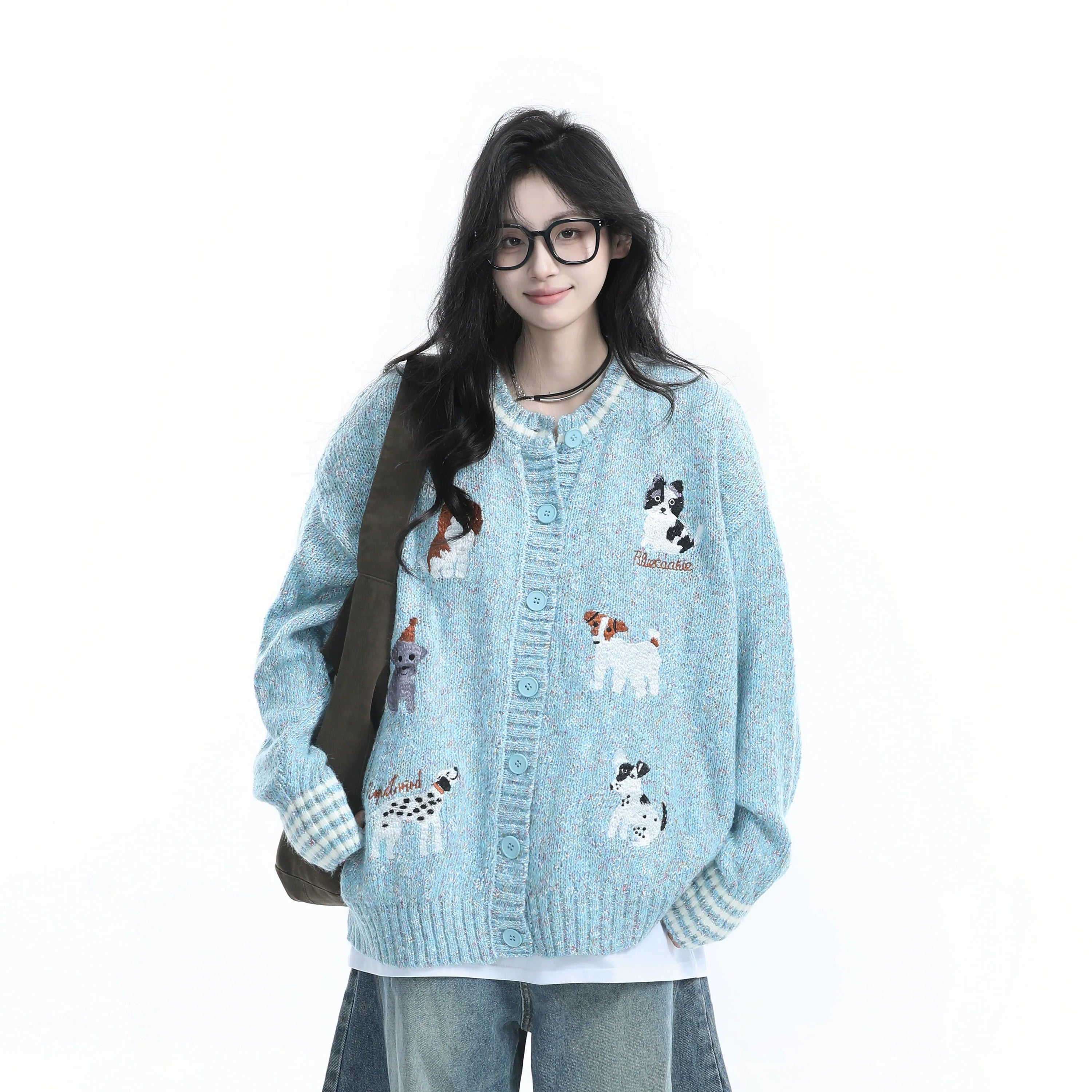 Zuocisankon Retro Puppy Jacquard Cardigan Sweater