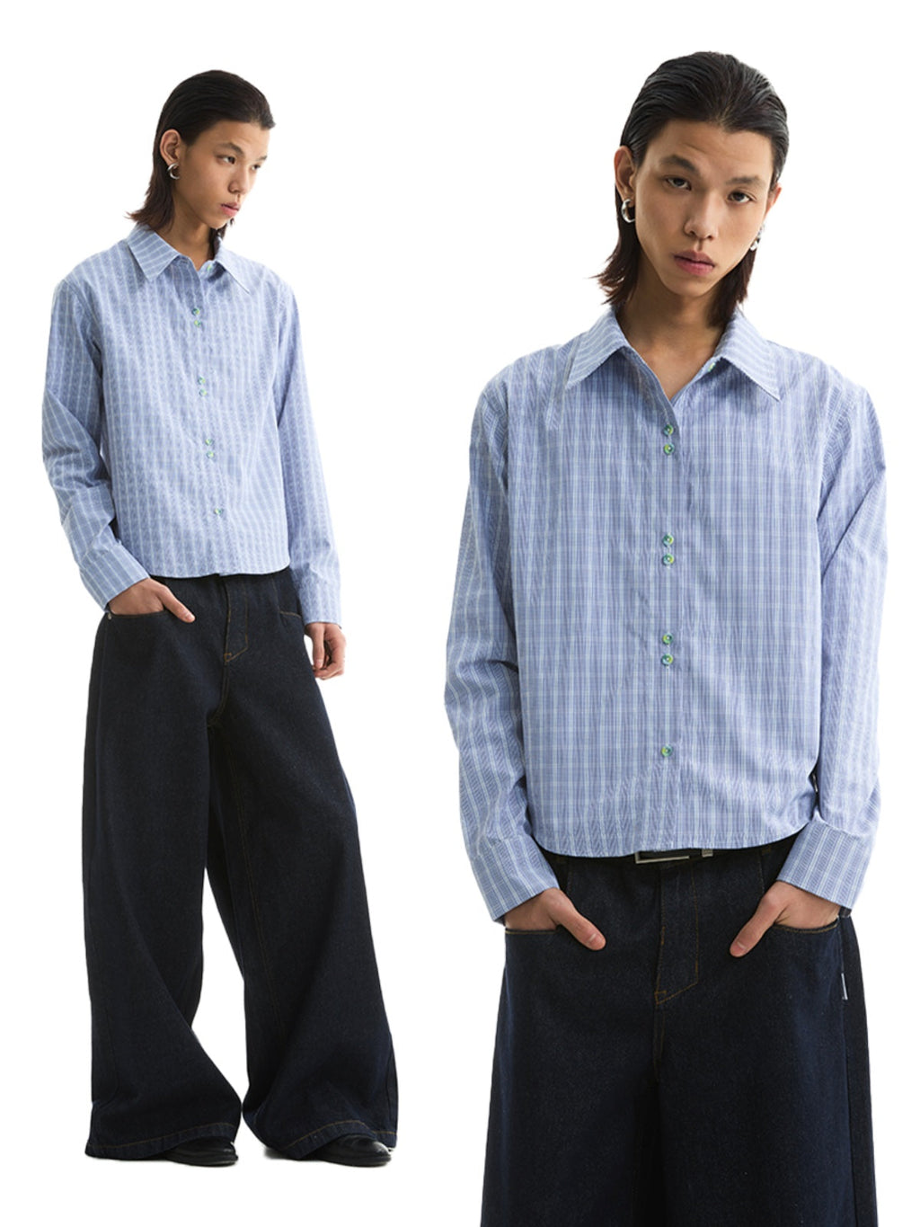 FUNKYFUN Checked Slim-fit Waist Long-sleeved Shirt