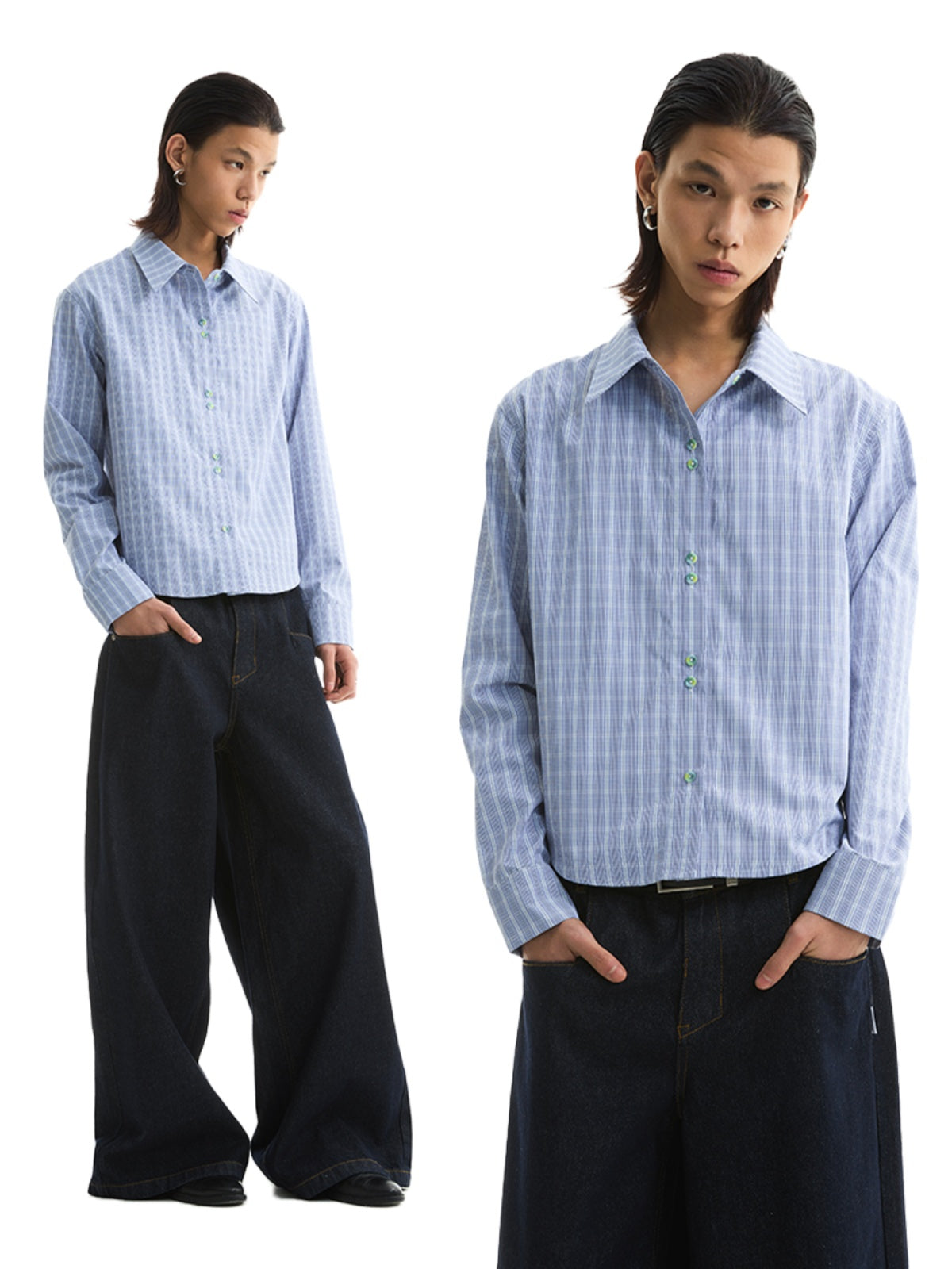 FUNKYFUN Checked Slim-fit Waist Long-sleeved Shirt