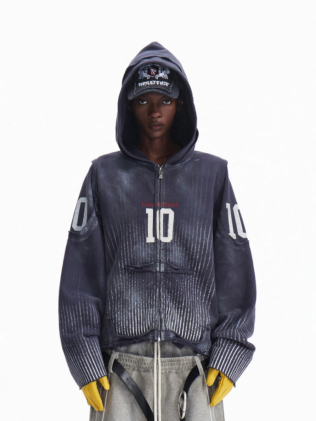 PEOPLESENSE Spray Digital Print Distressed Hooded Zipper Cardigan