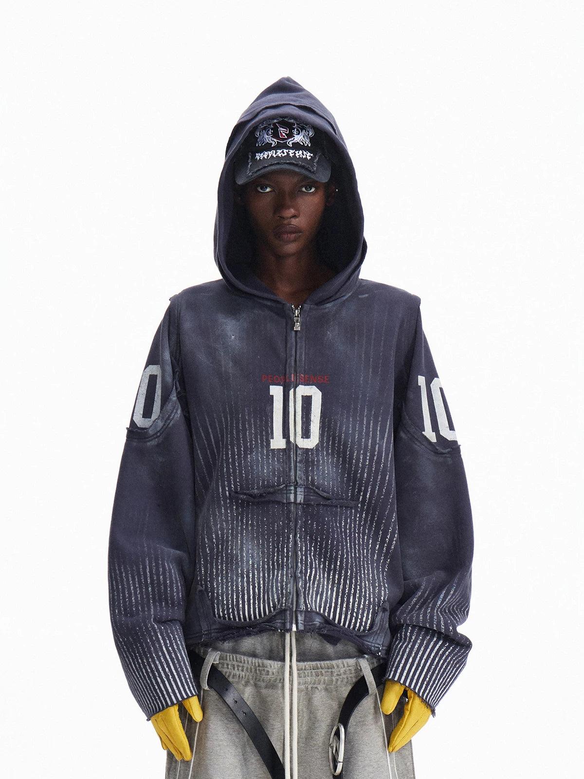 PEOPLESENSE Spray Digital Print Distressed Hooded Zipper Cardigan