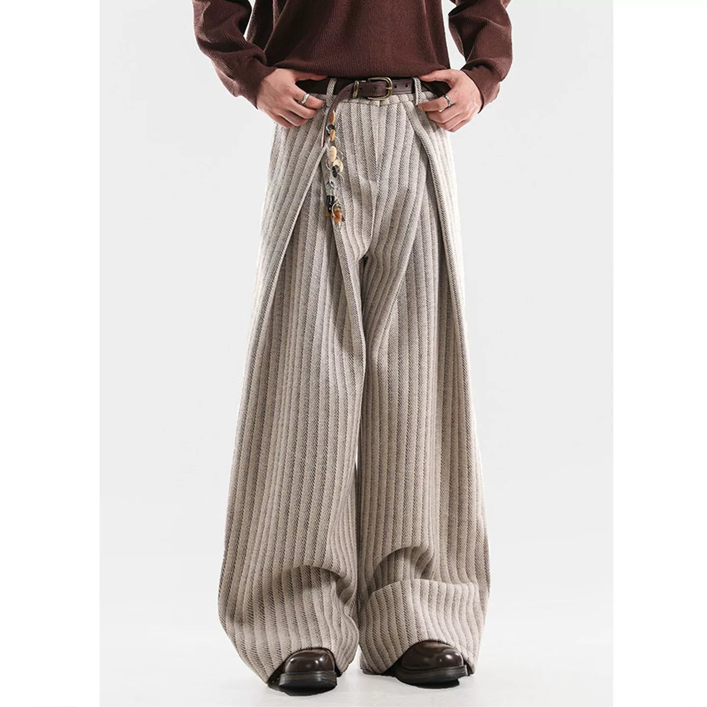 American Retro Pleated Striped Wool Wide Leg Pants