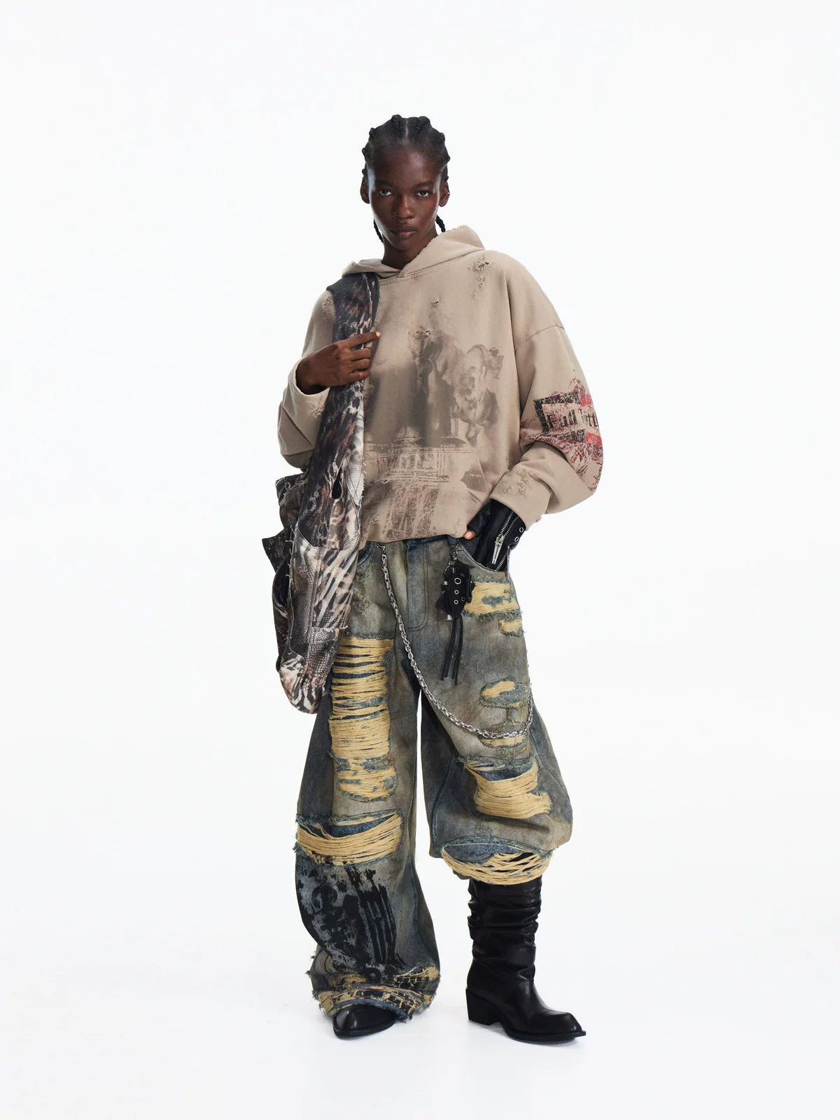 PEOPLESENSE Double Layer Fire Horse Print Distressed Hooded Sweatshirt