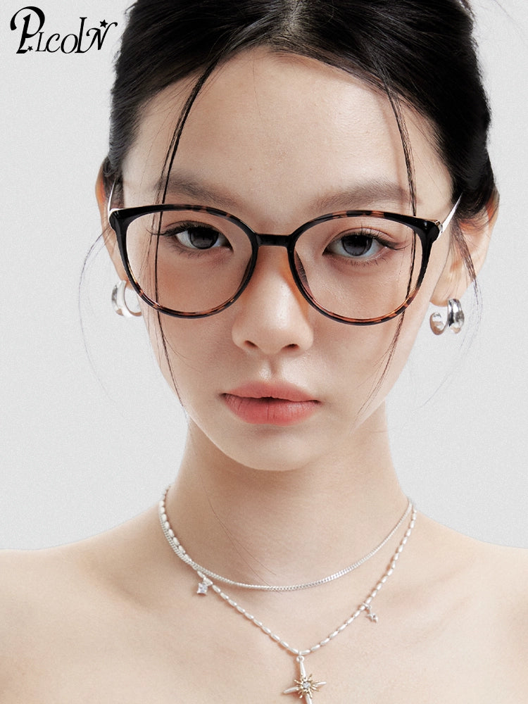 PLCOIN Tortoise Shell Round Cat-Eye Glasses Anti-Blue Light Myopia
